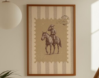 Cowboy on Horse Wall Art | Western Stamp Print | Rustic Country Decor | Vintage Farmhouse Poster | Neutral Western Wall Art