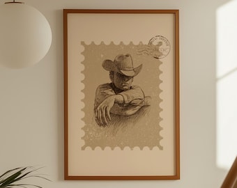 Quadro de parede com retrato de cowboy | Impressão rústica do Oeste | Decoração vintage campestre | Pôster neutro para casa de campo