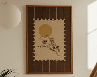 Arte murale da cowboy da rodeo / Stampa di cavalli western / Decorazione rustica in stile country / Poster vintage da fattoria