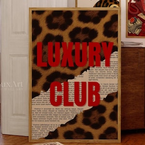 Luxury Club Leopard Print, Red Girly Wall Art, Preppy Dorm Decor, Trendy Aesthetic Print, Retro Collage Y2K Apartment Decor, Funky Wall Art