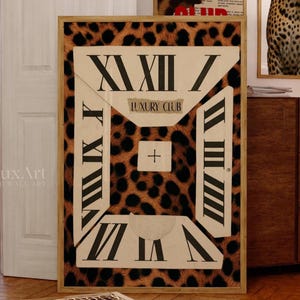May include: A collection of framed art prints featuring a leopard print design, a roaring leopard, and the word "LUXURY" in red. The central print has Roman numerals and the text "LUXURY CLUB". The frames are brown.