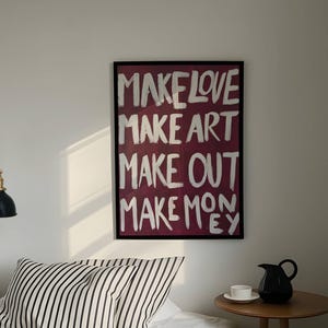 Make Love Make Art Trendy Collage Print, Red Typography Wall Art Print, Bold Quote Poste