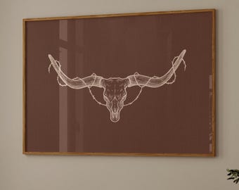 Western Longhorn Skull Print, Rustic Cowboy Wall Art, Barbed Wire Bull Horn Poster, Ranch Country Decor, Wild West Printable Art