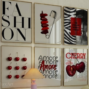 Red & Black Fashion Gallery Wall Art, Set of 6 Aesthetic Chic Apartment Decor, Trendy Fashion Collage Print, Stylish Y2K Wall Art