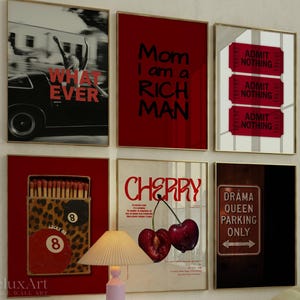 Retro Rotes Girly Wandkunst-Set - 6 Trendige Poster, Y2K-Mode-Dekor, Kirschdruck, ästhetisches Wohnheim- und Wohnungsdekor, roter Wohnungsdruck