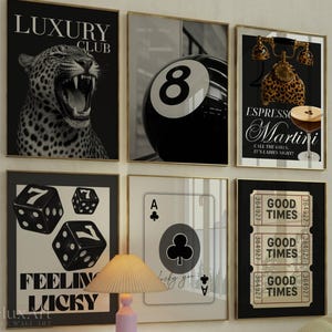 6er Set Trendige Schwarz-Weiß-Galeriewandkunst, ästhetische schicke Wohnungsdekoration, trendiger Leopard, Ace-Kartendruck, stilvolle Y2K-Wandkunst