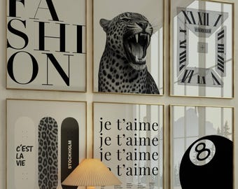 Trendy Black and White Fashion Wall Art, Set of 6 Modern Aesthetic Chic Apartment Decor, Stylish Y2K Wall Art, Fashion Leopard Print,