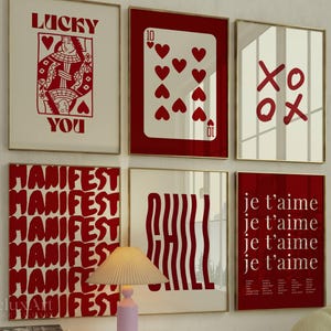 Set of 6 Red Girly Wall Art Set – Stylish Fashion Print Set, Lucky You, XOXO, Y2K Wall Art,  Aesthetic Chic Apartment Decor, Funky Wall Art