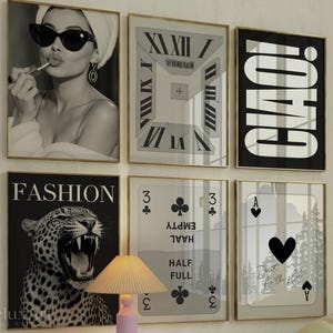 6er Set Trendige Schwarz-Weiß-Galeriewandkunst, ästhetische schicke Wohnungsdekoration, trendiger Leopard, Ace-Kartendruck, stilvolle Y2K-Wandkunst