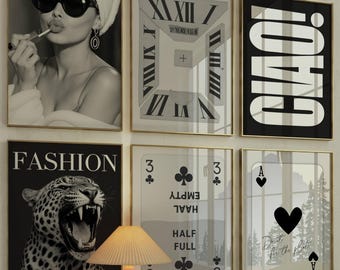 Set of 6 Trendy Black and White Gallery Wall Art, Aesthetic  Chic Apartment Decor, Trendy Leopard, Ace Card Print, Stylish Y2K Wall Art