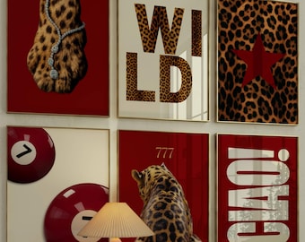 Set of 6 Girly Wall Art Set – Trendy Leopard Posters, Y2K Fashion Decor, Trendy Leopard Prints, Aesthetic Dorm & Apartment Decor, Funky Art
