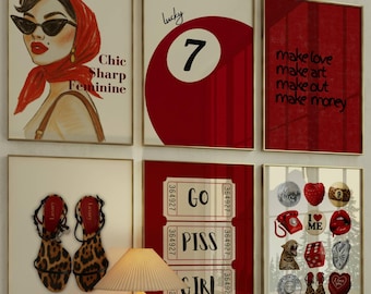 Set of 6 Red Chic Wall Art Prints – Fashion Illustration Poster, Retro Feminine Collage, Leopard Heels Print, Leopard Print, Y2K Fashion Art