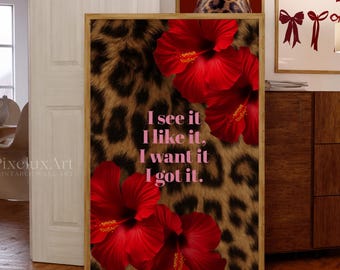 Leopard Print Quote Poster | Red Floral Glam Wall Art | Chic Printable Fashion Decor, Luxury Glam Printable Poster | Girly Bedroom Wall Art