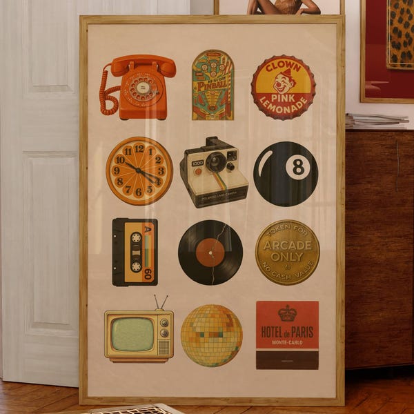70s Trendy Collage Wall Art, Retro Poster Print, Vintage Wall Art, Digital Illustration, Disco Wall Art, 8 Ball Print, Retro Wall Art,