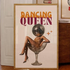 Sztuka ścienna Dancing Queen Retro, nadruk Disco Ball Head, Funky Wall Art, estetyczny nadruk Y2K, modny wózek barowy i wystrój akademika, modna sztuka ścienna