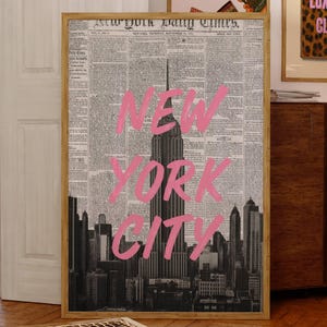 Empire State Building Wandkunst, New York City Poster, rosa Retro Zeitungsdruck, trendige ästhetische Kunst, NYC Wohnheim Dekor, trendige Wandkunst