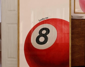 Lucky 8 Ball Print, Pool Ball Print, Vintage Game Room Decor, Luck Wall Art, Red Billiards Print, Pool Print, Retro Art, Funky Vintage Print