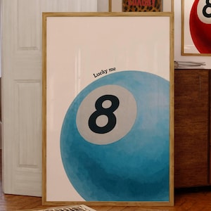 Lucky 8 Ball Print, Pool Ball Print, Vintage Game Room Decor, Luck Wall Art, Blue Billiards Print, Pool Print, Retro Art, Funky Vintage Art