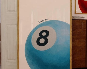 Lucky 8 Ball Print, Pool Ball Print, Vintage Game Room Decor, Luck Wall Art, Blue Billiards Print, Pool Print, Retro Art, Funky Vintage Art