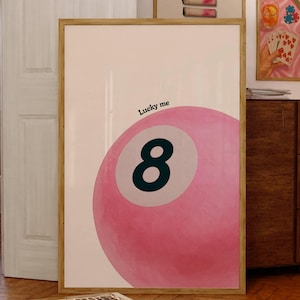 Lucky 8 Ball Print, Pool Ball Print, Vintage Game Room Decor, Luck Wall Art, Pink Billiards Print, Pool Print, Retro Art, Funky Vintage Art