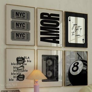 6er Set Trendige Schwarz-Weiß-Galeriewandkunst, ästhetisches, schickes Wohnungsdekor, 8 Ball, NYC, Ace-Karte, Amor-Druck, stilvolle Y2K-Collage