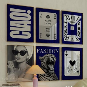 Navy Blue Set of 6 Trendy Gallery Wall Art, Aesthetic  Chic Apartment Decor, Trendy Leopard, Ace Card Print, Stylish Y2K Wall Art