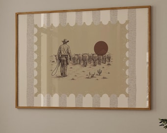 Cowboy Cattle Drive Wall Art | Western Sunset Print | Rustic Country Farmhouse Decor | Vintage Rodeo Poster | Neutral Wall Art