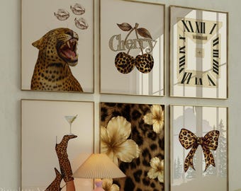 Glam Leopard Wall Art Set – 6 Trendy Posters, Y2K Fashion Decor, Chic Leopard Print, Aesthetic Apartment Decor, Wild Fashion Wall Prints