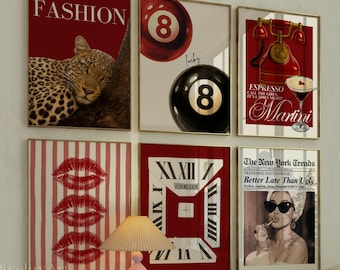 Retro Red Gallery Leopard Wall Art Set – 6 Trendy Posters, Y2K Fashion Decor, Trendy Leopard Print, Aesthetic Apartment Leopard Wall Art