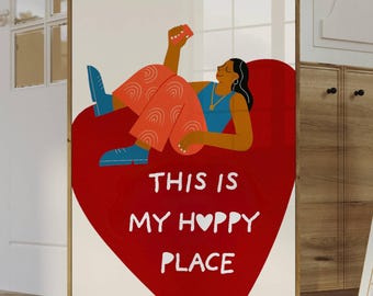 Stampa "This Is My Happy Place" - Graziosa decorazione murale massimalista, poster a forma di cuore femminile, citazione estetica positiva per stampe da appartamento o camera da letto.
