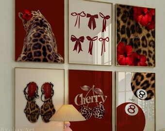Retro Red Gallery Leopard Wall Art Set – 6 Trendy Posters, Y2K Fashion Decor, Bold Red Leopard Print, Aesthetic Glam Leopard Poster Set