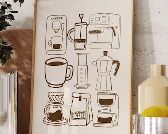 コーヒーバー愛好家のウォールアート、クッキングカフェポスター、バリスタキッチンプリントコーヒー、ミニマルな装飾、ダイニングとアパートメント用の印刷可能なアート