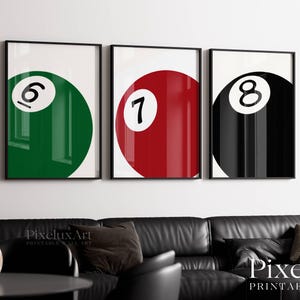 Set of 3 Pool Ball Print, 6, 7, 8 Ball Prints, Retro Game Room Print, Funky Vintage Print, Lucky Poster, Trendy Wall Art, 8 Ball Poster