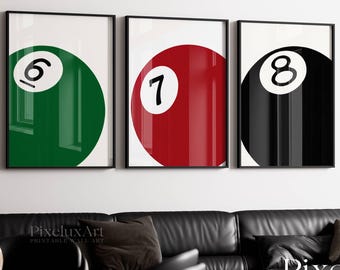 Set of 3 Pool Ball Print, 6, 7, 8 Ball Prints, Retro Game Room Print, Funky Vintage Print, Lucky Poster, Trendy Wall Art, 8 Ball Poster