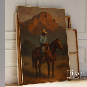 Vintage Western Cowboy Oil Painting Print – Moody Antique Wall Art, Earth Tone Southwestern Decor, Printable Mid Century Western Art