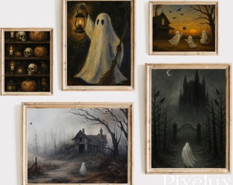Halloween Ghost Wall Art Bundle – Spooky Rustic Haunted House and Gothic Castle Prints, Dark Academia Skull & Pumpkin Gallery Set