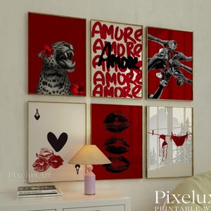 Rött Galleri Leopard Väggkonst Set – 6 Trendiga Posters, Y2K Modedekor, Djärvt Rött Leopardmönster, Estetiskt Glamouröst Leopard Posterset