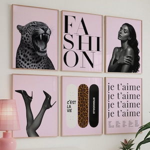 Trendy Pink Black Gallery Wall Art, Set of 6 Light Pink Aesthetic Chic Apartment Decor, Trendy Fashion Leopard Print, Stylish Y2K Wall Art