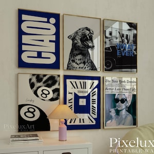 Retro Black and Navy Blue Gallery Wall Art, Set of 6 Aesthetic Chic Apartment Decor, Trendy Fashion Collage Print, Stylish Y2K Wall Art