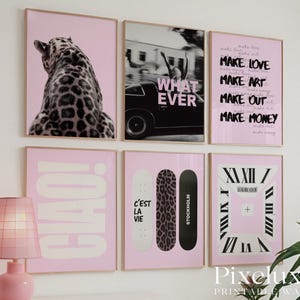 Pink Aesthetic Leopard Wall Art Set, Pink Black Y2k Fashion Print, Preppy Stylish & Cool Girl Aesthetic Art for Dorm Room, Collage Apartment