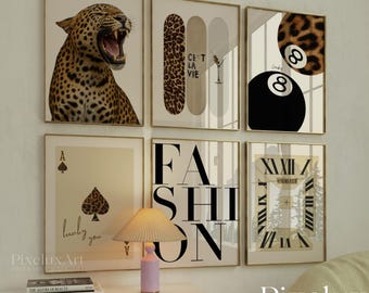 Retro Neutral Leopard Wall Art Set of 6 | Trendy Leopard Posters, Y2K Fashion Animal Cheetah Wall Art Set, Aesthetic Dorm & Apartment Decor