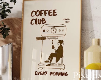 Arte mural de Club Coffee, póster retro de café, impresión de carrito de café, decoración de estación de café, arte para amantes del café, impresión de barra de café, ambiente de café