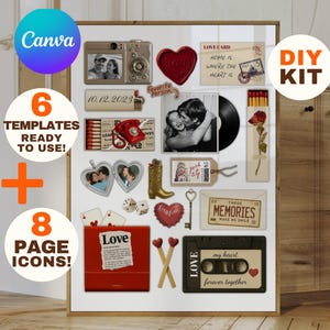 May include: A collection of decorative magnets and images, including a camera, heart-shaped wax seal, and a cassette tape with the words "my heart forever together." The image also includes the text "6 TEMPLATES READY TO USE!" and "8 PAGE ICONS!"