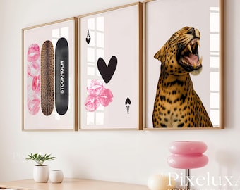 Pink Leopard Poster Set of 3, Stockholm Fashion Wall Art, Trendy Girl Room Decor, Ace of Hearts Print, Chic Pink Aesthetic Gallery Wall