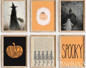 Halloween Wall Art Set of 6 – Vintage Witch, Ghost, Pumpkin & Skeleton Prints | Spooky Gothic Dark Academia Rustic Fall Decor Bundle