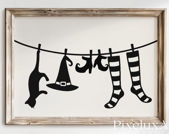 Art mural de blanchisserie de sorcière - chat noir effrayant, chapeau de sorcière, chaussures et chaussettes à rayures, décoration d'Halloween à imprimer, impression drôle de vacances rustiques