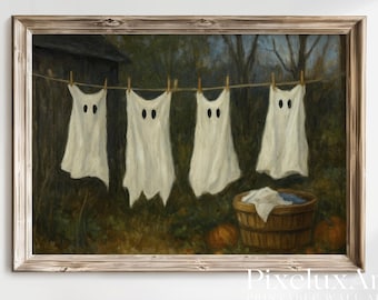 Ghost Laundry Wall Art – Spooky Halloween Printable with Hanging Ghost Sheets, Rustic Haunted Fall Decor, Vintage Country Style Print