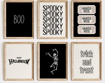 Halloween Wall Art Set of 6 – Spooky Boo, Haunted House Tickets, Dancing Skeleton, Trick or Treat, Vintage Printable Decor