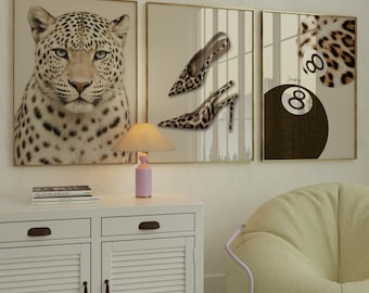 Leopard Wall Art Set, Cheetah Fashion Poster Set of 3, Animal Print Heels & 8 Ball Decor, Modern Glam Printable Gallery Wall