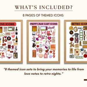 May include: Three framed art prints with themed icons. The prints are labeled "Love Icons," "Preppy/Bar Cart Icons," and "Retro Icons." Text at the bottom reads "8 themed icon sets to bring your memories to life from love notes to retro nights."
